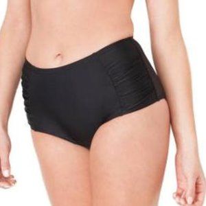 L Swim Bikini Bottom Brief Black High Waist Shirring Flattering Slimming NEW